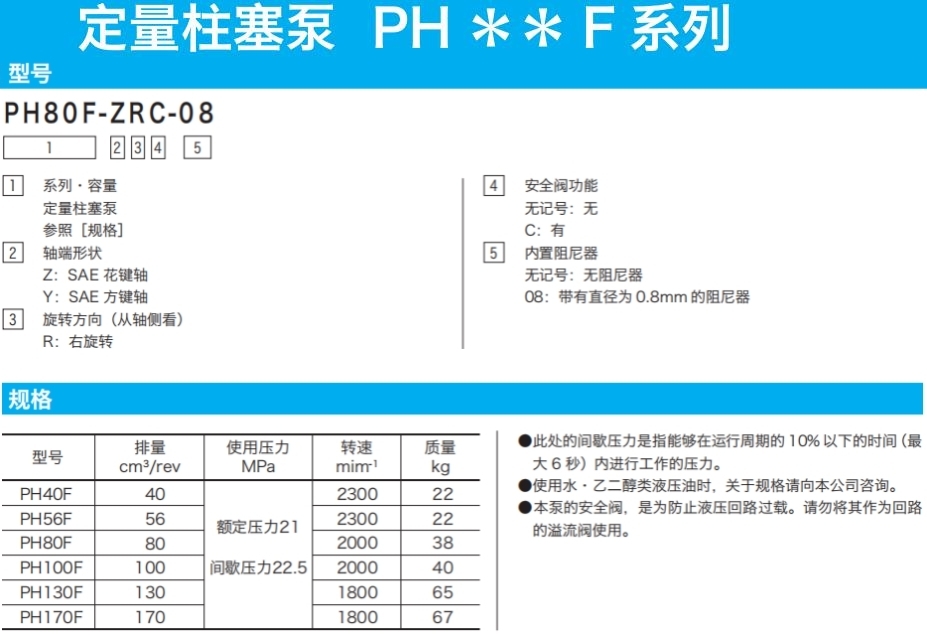 日本东京计器定量柱塞泵PH**F系列参数