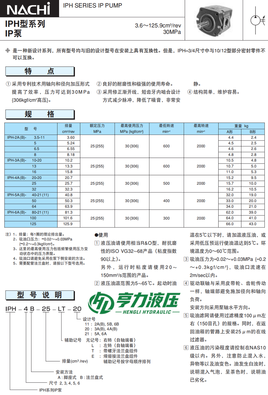 不二越齿轮泵规格参数及型号说明